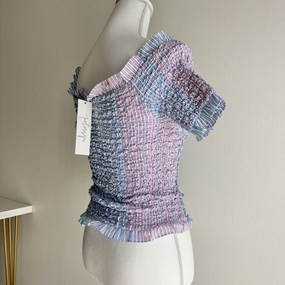 Petersyn Kinsey Top Ruffle Smocked Off The Shoulder Blue Pink Vacation XS NWT - Picture 4 of 9